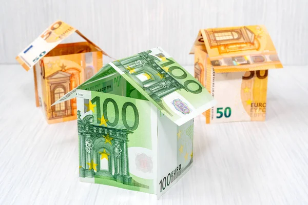 Three Houses Made Euro Bills — Stock Photo, Image