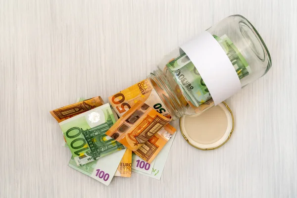 Glass Jar Full Money Blank Label Your Text — Stock Photo, Image