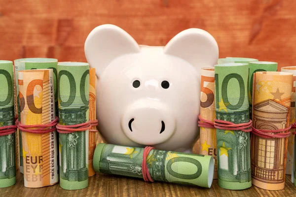 Piggy Bank Hengerelt Eurovalutával Megtakarítás Vagy Beruházási Koncepció — Stock Fotó