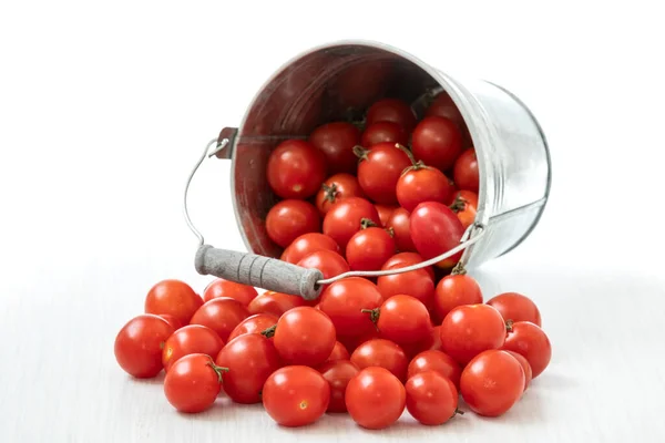 Tomates Cereja Minúsculos Derramados Partir Balde Metal — Fotografia de Stock