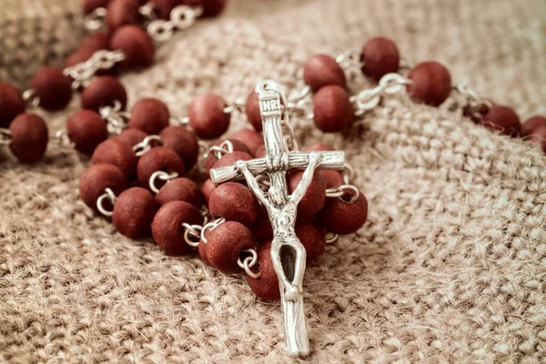 Close Christian Rosary Old Fabric Background — Stock Photo, Image