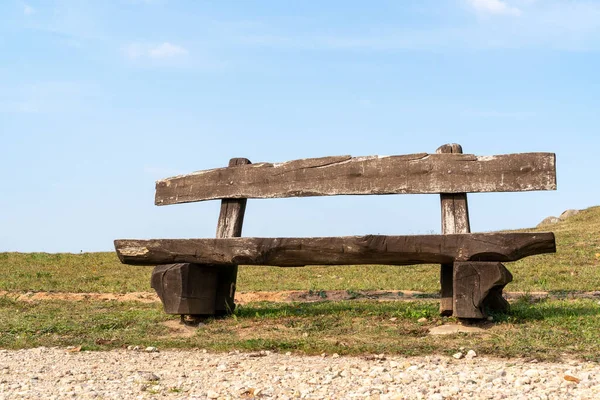 Den Tomma Träbänken Parken Blå Himmel — Stockfoto