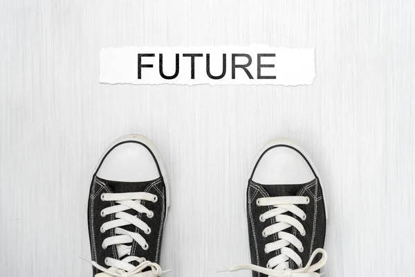 Black Sneakers Standing Front Label Word Future — Stock Photo, Image