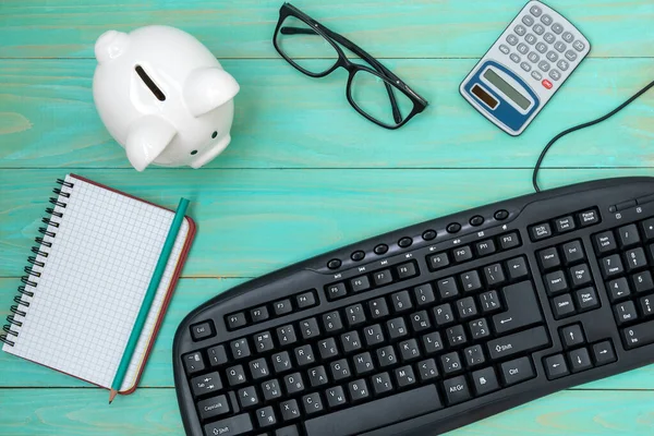 Top View Wooden Working Table Businessman Office Worker Student Desktop — Stock Photo, Image