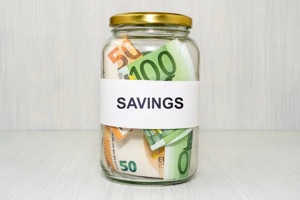 Banknotes Glass Money Jar Savings Label Financial Concept — Stock Photo, Image