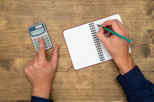 Hands Calculator Notepad Businessman Calculator Counting Making Notes Hand Writes — Stock Photo, Image