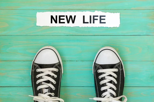 Sneakers Standing Next Words New Life — Stock Photo, Image