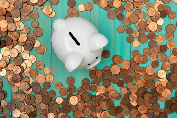 White Piggy Bank Coins Scattered Next — Stock Photo, Image
