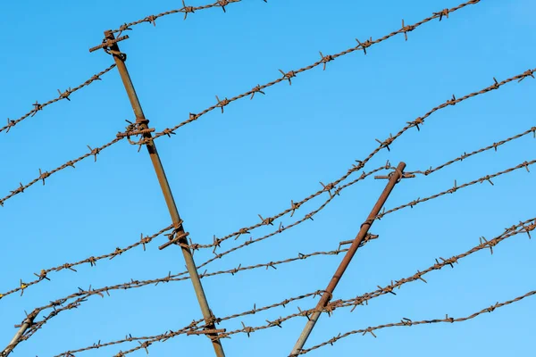 Prikkeldraad Omheining Tegen Een Blauwe Lucht Achtergrond — Stockfoto