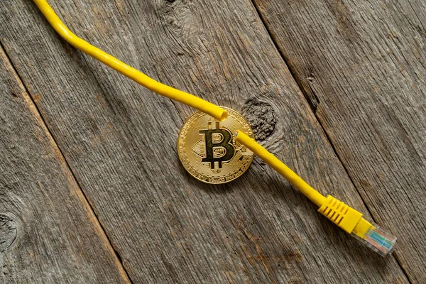 Moeda Bitcoin Ouro Rede Danificada Cable Concept Uma Crise Mercado — Fotografia de Stock