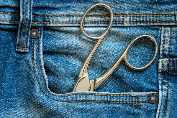 Closeup Metal Scissors Blue Jeans Pocket — Stock Photo, Image