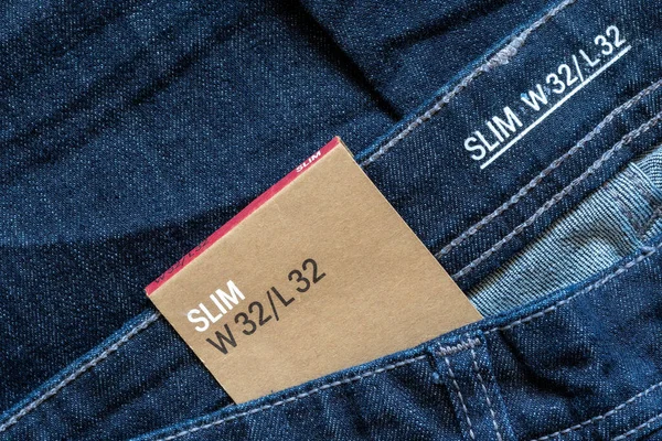 Tamanho Tag Jeans Azul Close Calça Jeans Slim Masculina — Fotografia de Stock