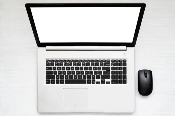 Laptop Blank Screen Computer Mouse Desk Top View — Stock Photo, Image