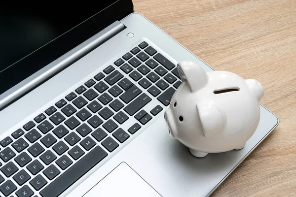 Piggybank Laptop Keyboard Money Saving Concept Make Money Online Internet — Stock Photo, Image