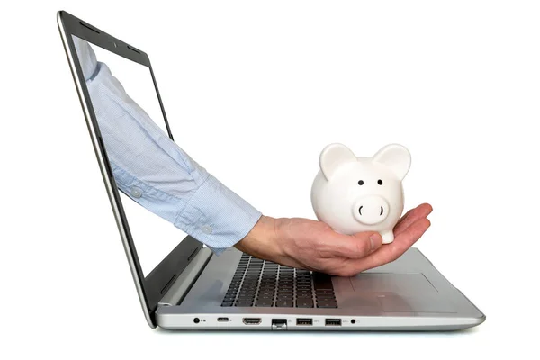 Hand Holding Piggy Bank Comes Laptop Screen — Stock Photo, Image