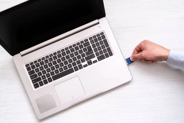 Hand Inserting Memory Card Laptop Slot — Stock Photo, Image