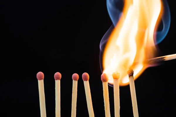 Line Burning Matches Black Background — Stock Photo, Image