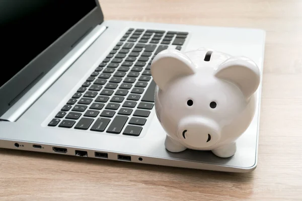 Piggy Bank Laptop Keyboard Money Saving Concept Make Money Online — Stock Photo, Image