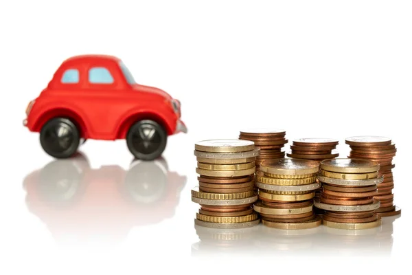 Saving New Car Coin Stacks Front Car White Background — Stock Photo, Image