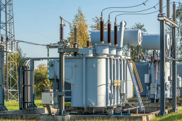 Línea Transmisión Electricidad Sistema Distribución Energía Alto Voltaje —  Fotos de Stock