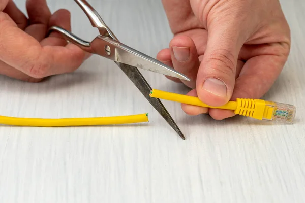 Internet Censor Cutting Yellow Network Cable Scissors Restricted Internet Access — Stock Photo, Image