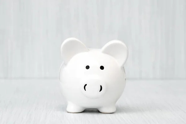 White Piggy Bank Wooden Table Copy Space — Stock Photo, Image