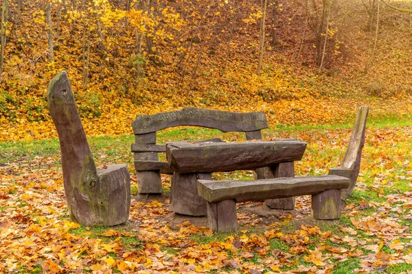 Outdoor Wooden Park Furniture Autumn Season — Stock Photo, Image