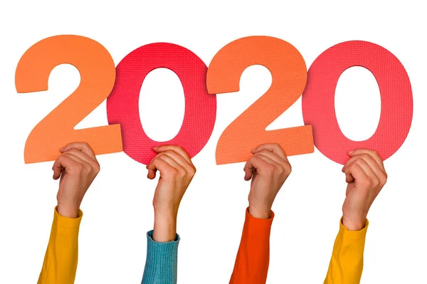 Руки Різнокольоровими Цифрами Показують 2020 Рік Концепція Нового Року — стокове фото