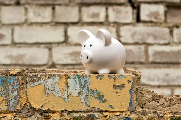 Sparschwein Der Wand Des Abgerissenen Gebäudes Geld Für Hausbau Oder — Stockfoto