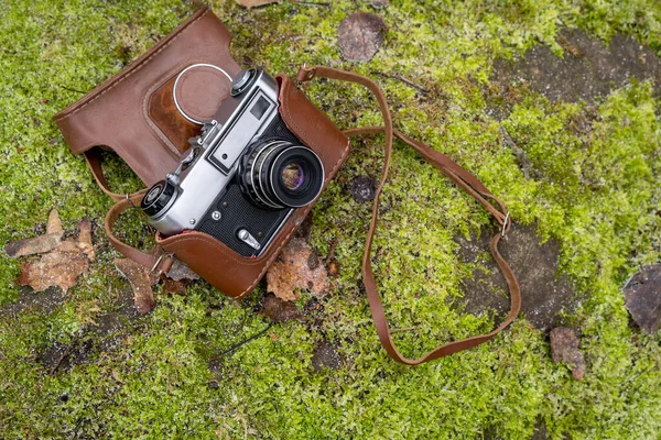 Retro Camera Mossy Stone Background Traveling Photo Camera Photography Hobby — Stock Photo, Image