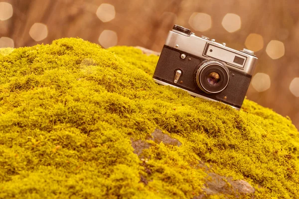 Oude 35Mm Film Camera Geplaatst Mossige Steen — Stockfoto