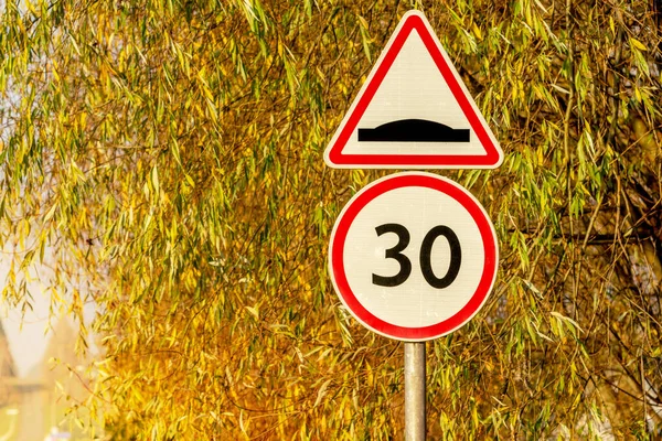 Road with speed limit 30 road sign, residential area — Stock Image Road Speed Limit Road Sign Residential Area Stock Image