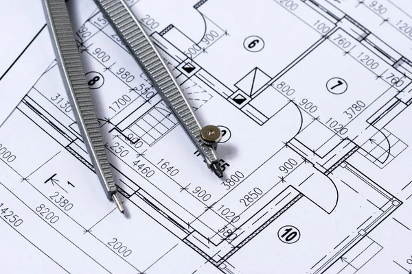 Dibujos Ingeniería Con Par Brújula Vista Cerca —  Fotos de Stock