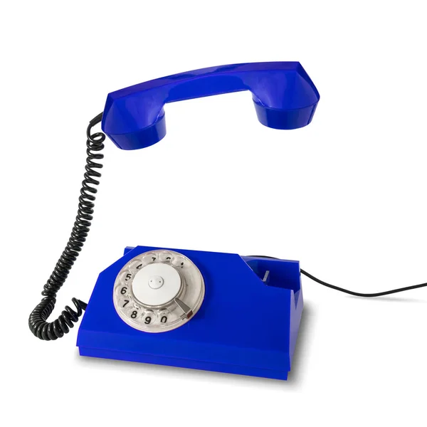 Niebieski Retro Telefon Odbiornikiem Podniesionym Powietrzu — Zdjęcie stockowe