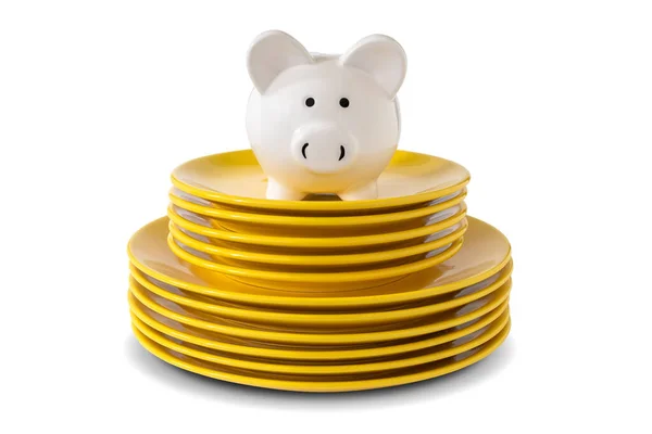 Savings Consumer Concept Piggy Bank Stack Dinner Plates — Stock Photo, Image