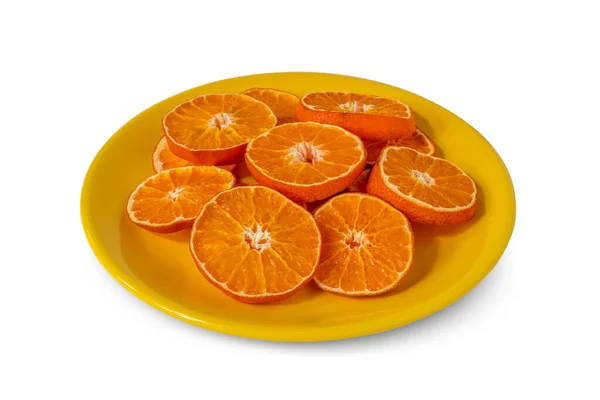 Assiette Jaune Avec Tranches Orange Séchées Isolé Sur Fond Blanc — Photo