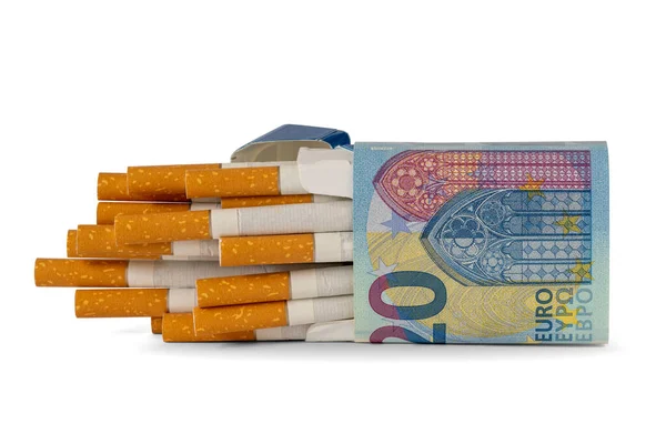 Paquete Cigarrillos Envuelto Billete Euros Costoso Mal Hábito — Foto de Stock