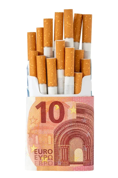 Пакет Сигарет Завернутый Банкноту Евро Дорогие Вредные Привычки — стоковое фото