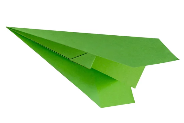 Πράσινο Χάρτινο Αεροσκάφος Επίπεδο Χαρτιού Που Απομονώνεται Λευκό Φόντο — Φωτογραφία Αρχείου