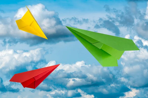 Three Colorful Paper Planes Flying Cloudy Sky Travel Concept — Stock Photo, Image