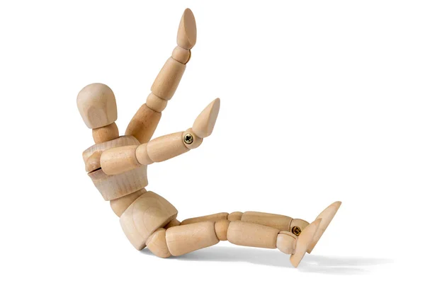 Drewniana Figura Wykonująca Ćwiczenia Gimnastyczne Odizolowana Białym Tle — Zdjęcie stockowe