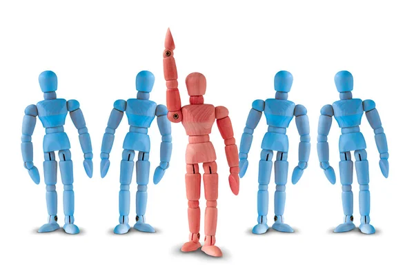 Business Leadership Concept Figurine Rouge Groupe Mannequins Bois Bleu Sur — Photo