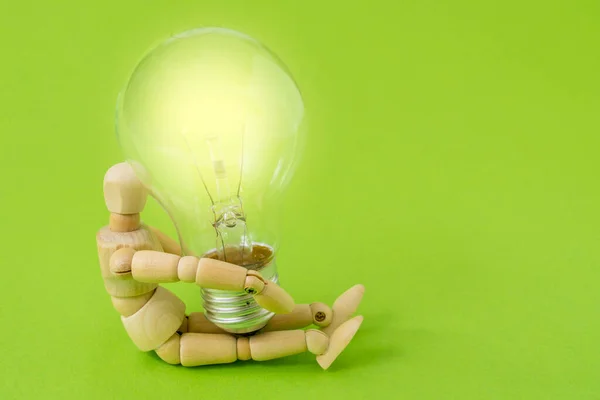 Mannequin Bois Tenant Une Ampoule Lumineuse Concept Électricité Écologie Protection — Photo
