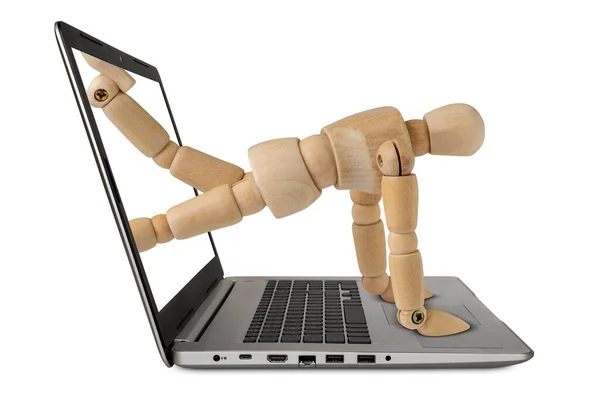 Hombre Arrastrándose Fuera Pantalla Del Ordenador Portátil Concepto Robo Internet — Foto de Stock