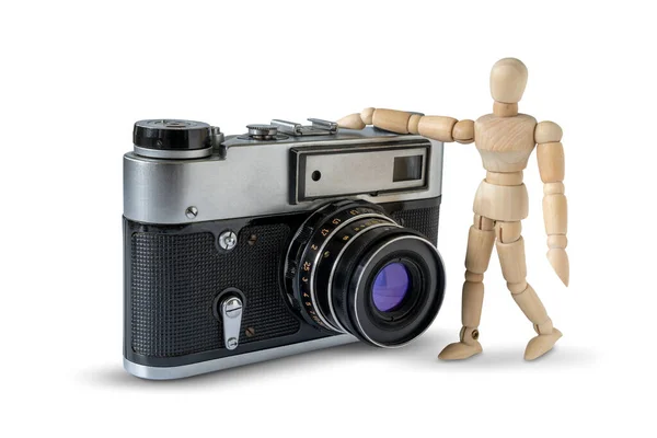 Retro Film Camera Houten Etalagepop Geïsoleerd Witte Achtergrond — Stockfoto