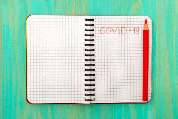 Text Covid Red Pencil Spiral Notebook Conceptual Image Corona Virus — Stock Photo, Image