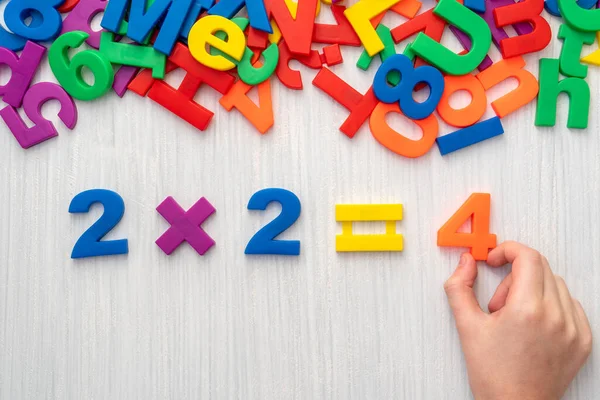 Child Playing Magnetic Numbers Letters — Stock Photo, Image