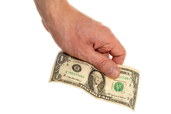 Άνδρας Χέρι Κρατώντας Ένα Δολάριο Νομοσχέδιο Απομονώνονται Λευκό Φόντο — Φωτογραφία Αρχείου