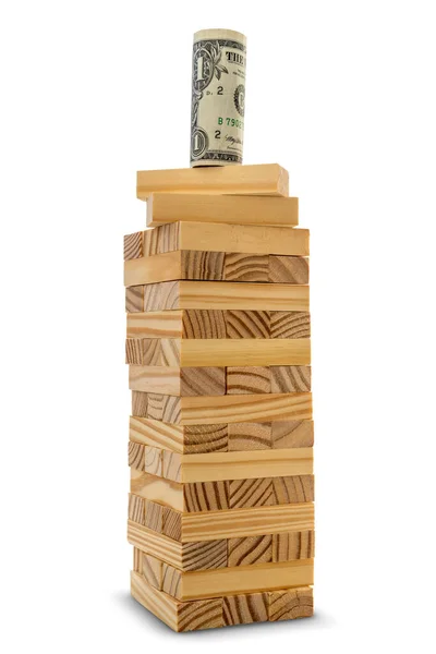 Dollar Top Van Een Toren Gemaakt Van Houten Blokken Bedrijfssuccesconcept — Stockfoto