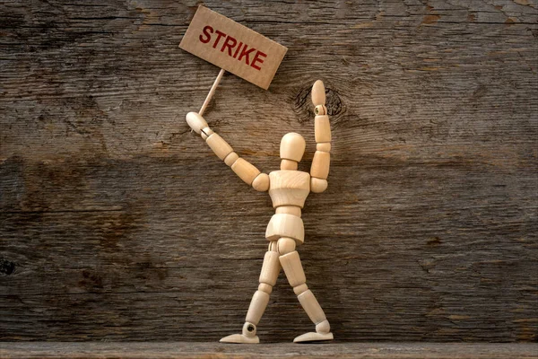 Wooden Mannequin Holding Protest Banner Job Strike — Stock Photo, Image